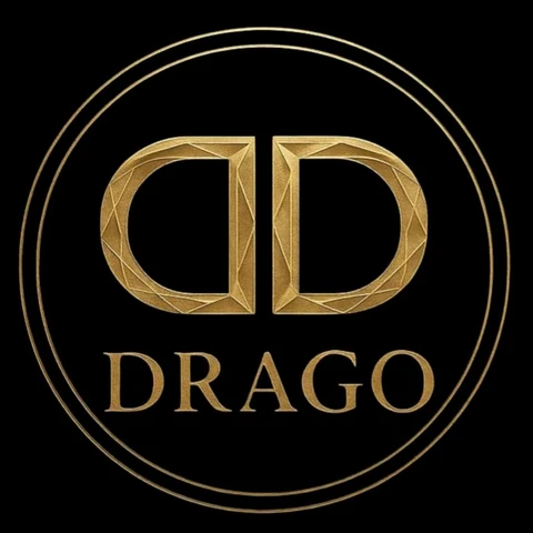 Logotipo da DRAGO: monograma dourado em fundo preto